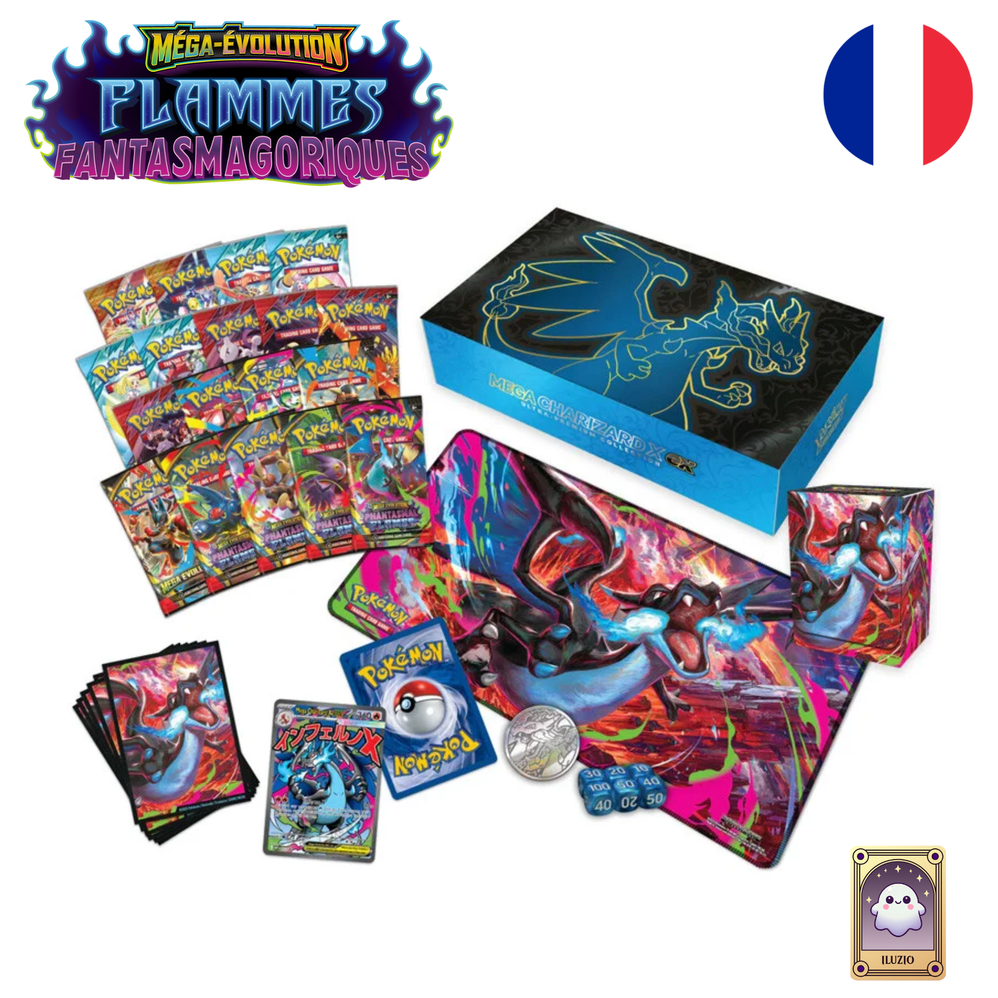 Contenu-Pokémon - Coffret Collection Ultra Premium ME2 - Flammes Fantasmagoriques - Méga-Dracaufeu X-ex - Français